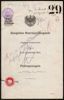 1911 Berlini Technikai Főiskola Anyagtudományi Intézetének olajvizsgálati lapja a Budapesti Villamos Városi Vasút Rt. részére, német nyelven, okmánybélyeggel, pecsétbélyeggel, 33x21