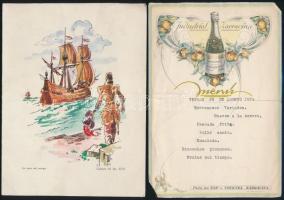 1934-1966 3 db illusztrált étlap, 2 db Italian Line válallat étlapja, spanyol és olasz nyelven, az egyik sérült./ 1934-1966 Illustrated menus, 3 pc., two of these the Italian Lines menus, in Spanish and Italian language, one menu damaged.