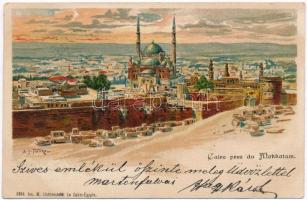 1899 Cairo, Kairo; general view from the Mokkatam mountain, mosque, minaret, Jos. M. Lichtenstein litho s: A. Franke (Rb)