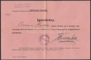 1919 Igazolvány a Vörös Hadseregbe való jelentkezésről, Alkalmazott Mérnökök Országos Szövetségének pecsétjével, 15,5 24 cm
