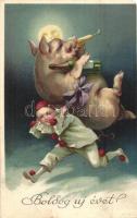 'Boldog új évet' / New Year greeting card, champagne drinking pig, litho (EM)