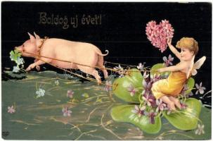 'Boldog új évet' / New Year greeting card, fairy riding a pig, litho (EK)