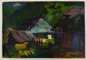 Nagy jelzéssel: A falu utolsó háza. Olaj, falemez, 35×48 cm