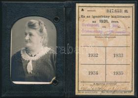 1931 Magyar Királyi Államvasutak féláru-jegy váltására jogosító arcképes igazolványa, bőrtokban