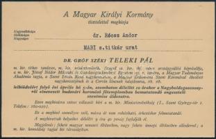 cca 1941 A Magyar Királyi Kormány által kiküldött meghívó Gróf Teleki Pál lelki üdvéért mondott misére