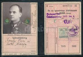1942-1944 Magyar Királyi Államvasutak féláru-jegy váltására jogosító arcképes igazolványa, fényképpe...