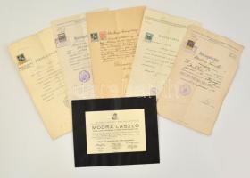 1918-1934 Modra lászló budapesti gyógyszertár-tulajdonos, a dunapataji Levente Egyesület elnökének bizonyítványai és gyászjelentése, 6 db