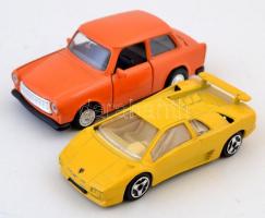 2 db fém modellautó, Trabant 601 és Lamborghini Diablo, h: 11 és 9,5 cm
