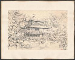 cca 1960 Japán pagoda, jelzett nyomat , 13×19 cm