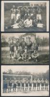 1921 LASE (Ludovika Akadémia Sportegylet) gyalogoszászlóalj válogatott futballcsapatának képei, 3 db, fotólap, a hátoldalon feliratozva, dátumozva, az egyiken a képen szereplők neveivel, az egyiken kis hibával, 9x14 cm.
