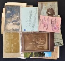 cca 1890-1948 Cipősdoboznyi vegyes papírrégiség(képeslapok, fotók, tagdíjbélyegek, okmányok, stb.)