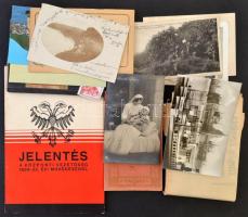 cca 1890-1948 Cipősdoboznyi vegyes papírrégiség(képeslapok, fotók, tagdíjbélyegek, okmányok, stb.)