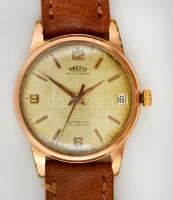 Prefis svájci férfi karóra, naptárral, bőr szíjjal, működőképes állapotban, számlap enyhén kopott