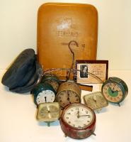 Régebbi Gerbaud tálca + Munkásőr sapka + Háború előtti német birodalmi vállfa és nadrágtartó + cca 1930-as évek Kőbányai Polgári Serfőző vállalati igazolványa fotóval + 1933. Gépjármű vezetés tanulására jogosító engedély + 17db ébresztőóra 1930-50-60-as évekből, vegyes állapotban