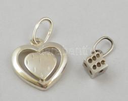 Ezüst(Ag) szív és kocka alakú függő, jelzéssel és jelzés nélkül, 2 db, nettó: 1,6 g