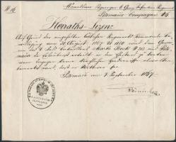 1867 Pitomaca, Házassági engedély katona számára kiállítva, pecséttel / Heiraths Lizenz for K. u. K. soldier, 17x21 cm