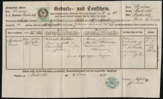 1870 Austerlitz, születési és keresztelési anyakönyvi kivonat, német nyelven, 50 kr. okmánybélyeggel / Geburts- und Taufschein