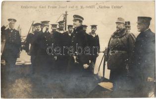 SMS Viribus Unitis, K.u.K. haditengerészet Tegetthoff-osztályú dreadnought csatahajója. Fedélzetén IV. Károly és Anton Haus / Erzherzog Karl Franz Josef auf S.M. Schiff Viribus Unitis / K.u.K. Kriegsmarine, Charles IV and Admiral Anton Haus on the board of SMS Viribus Unitis. Österreichischen Flottenvereines für Rotes Kreuz