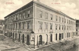 Eperjes, Presov; Evangélikus kollégium, Zielinszky S. és Zacher üzlete. Divald Károly fia / Ev. Collegium / boarding school, shops