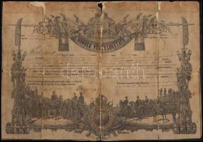 1880 Honvéd végelbocsájtó levél (obsit) veszprémi 71. honvéd zászlóaljban szolgáló szekerész részére, szakadásokkal, 29x42 cm