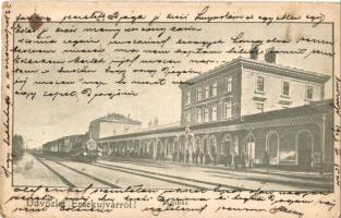 1903 Érsekújvár, Nové Zamky; Indóház, vasútállomás, gőzmozdony / railway station, locomotive / Bahnhof (kopott él / worn edge)