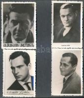7 db színészeket ábrázoló fotó, többek közt Darvas Iván, Latinovits Zoltán, Gábor Miklós, kartonokra ragasztva, 9x6 és 11x9 cm méretben