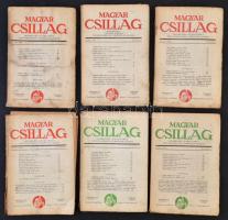 1944 Magyar Csillag. Szerk.: Illyés Gyula. IV. évf. 1-7. szám, 2. szám hiányzik, változó, többnyire viseltes állapotban. Magyar Csillag utolsó évfolyama, a 2. szám kivételével.