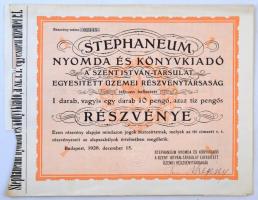 Budapest 1926. "Stephaneum Nyomda és Könyvkiadó A Szent István-Társulat Egyesített Üzemei Részvénytársaság" részvénye 10P-ről, részvényekkel, szárazpecséttel T:II