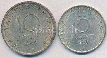 1948. 5Ft Ag "Petőfi" + 10Ft Ag "Széchenyi" T:2,2- patina 
Adamo EM1; EM2