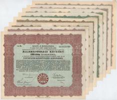 Budapest 1925. "Magyar Királyság 5%-kal kamatozó Járadékkölcsön Államadóssági Kötvény" 125.000K (2x), 250.000K (2x), 500.000K (2x), 1.000.000K-ról (2x), szelvények nélkül T:II-III