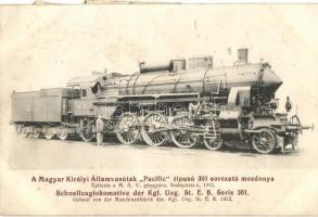 7 db RÉGI használatlan angol és magyar vonatos motívumlap fotókkal, közte a MÁV Pacific típúsú 301 sorozatú mozdonya / 7 unused pre-1945 train motive cards with photos