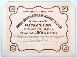 Budapest 1923. "'Taurus' Huskereskedelmi Részvénytársaság" huszonöt részvénye egyenként 1000K-ról, szárazpecséttel T:II felső két sarok levágva