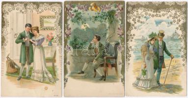 3 db RÉGI hosszú címzéses romantikus pár sorozat motívumlap, aranyozott litho /  3 pre-1900 romantic couple motive cards, golden decorated litho