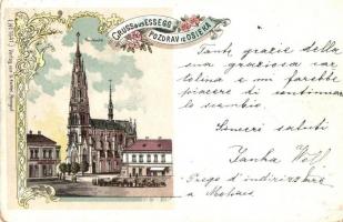 1899 Eszék, Esseg, Osijek; Plébániatemplom / Pfarrkirche. G. Knittel No. 1641. / church, floral, Art Nouveau, litho (EK)