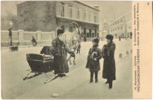 Moscow, Moscou; Galerie de Tretiakoff, Une plaisanterie / winter street view with horse sled s: N. Kassatkine (EK)