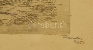 Komlós jelzéssel: Hajósok. Rézkarc, papír, üvegezett keretben, 17×24 cm