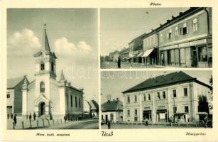 Técső, Tacovo; Fő utca, Hangya ház, Római katolikus templom, Katz Bertalan és Katz Márton cukrászdája / main street, cooperative shop, church, confectionery