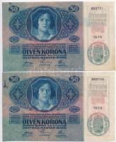 1914. 50K (2x) függőleges, piros "DEUTSCHÖSTERREICH" felülbélyegzéssel T:I-,II hajtatlan,ázásnyom(?)