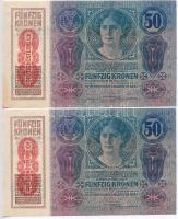 1914. 50K (2x) függőleges, piros "DEUTSCHÖSTERREICH" felülbélyegzéssel T:I-,II hajtatlan,á...
