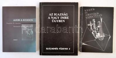 3 db könyv-Kopjafák és vallomások, levelek 1956-ról. Szeged, Csapó és Társai Informatikai Kft. Kiadói papírkötés, kissé kopott; Hegedűs B. András: Azon a kedden. Dedikált! Bp., 2000, Beszélő. Kiadói papírkötés, jó állapotban; Az igazság a Nagy Imre ügyben. Bp., 1989, Századvég Kiadó. Kiadói papírkötés, kissé kopott.