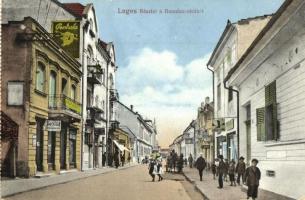Lugos, Lugoj; Bonnácz utca, Penkala, Pollák Jenő, Menyhárt és Hirsch József üzlete. Nagel Sándor kiadása / street view with shops