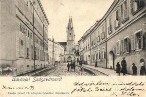 Szászváros, Broos, Orastie; utcakép templommal, Graef H. kiadása / street view with church (r)