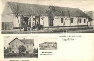 Nagyzsám, Jamu Mare; Bahnhof, Geschäft, Gemeindehaus / Vasútállomás, J. Parsche üzlete, községháza, Dajkovits J. utóda kiadása / railway station, shop, town hall (EK)