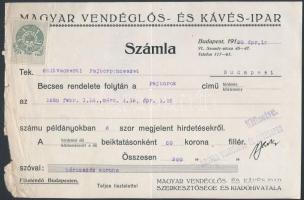 1920 Magyar Vendéglős- és Kávésipar, fejléces számla okmánybélyeggel