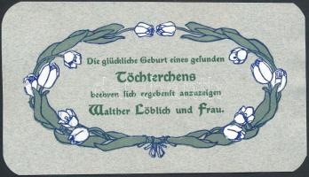 cca 1900 Gyermek születését jelentő német nyelvű szecessziós nyomtatvány, 7,5x13 cm