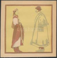 Kós Károly (1883-1977): Kalotaszegi népviselet, színes linómetszet, papír, jelzés nélkül, hátoldalon feliratozva, 11,5x11,5 cm