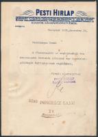 1930 a Pesti Hírlap munkatársának levele Pongrácz Lajos bárónak a Revíziós album megküldéséről, aláírással, fejléces levélpapíron, hátoldalára felragasztott borítóképpel