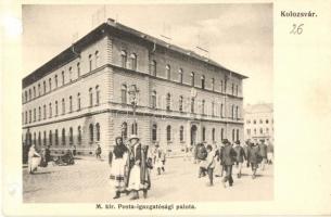 Kolozsvár, Cluj; Posta igazgatósági palota, népviseletes pár. Schuster Emil kiadása / Palace of the Postal directorate, folklore (r)