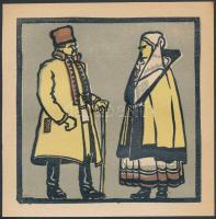 Kós Károly (1883-1977): Népviselet Nagyküküllő vármegyében, színes linómetszet, papír, jelzés nélkül, hátoldalon feliratozva, 11,5x11,5 cm