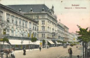 Budapest VII. Rákóczi út, villamos, Nagy Ferenc, Steiner Ernő, N. Ármin üzletei, Domonyi Endre asztalosműhelye, fogorvosi rendelő, kávéház, Metropole szálloda (EK)